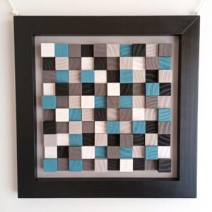 wooden wall art with minimalist modern design in black, white, blue and grey wooden tiles