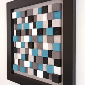 wooden wall art with minimalist modern design in black, white, blue and grey wooden tiles