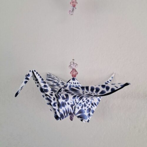 Origami crane mobile - single crane, blue and white tie dye